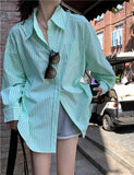 GORUNRUN-Ins Style Street Fashion Mint Stripe Print Loose Blouse