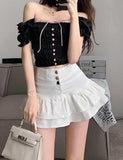 GORUNRUN-Ins Style Street Fashion Off Shoulder Ruched Bowknot Crop Top with Bow Tie