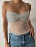 GORUNRUN-Ins Style Street Fashion Faux Fur Trim Patched Halter Crochet Camisole