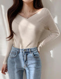 GORUNRUN-Ins Style Street Fashion Knitted Off-shoulder Slim V-neck One-shoulder Sweater