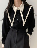 GORUNRUN-Ins Style Street Fashion Contrast Color Navy Collar Shirt