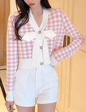 GORUNRUN-Ins Style Street Fashion Bowknot Decor Plaid Knit Cardigan