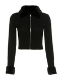 GORUNRUN-Ins Style Street Fashion Cropped Zipper Slim Knit Fur Collar Jacket