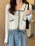 GORUNRUN-Ins Style Street Fashion Striped Wave Edge Cardigan Knit Top