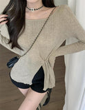 GORUNRUN-Ins Style Street Fashion Off Shoulder Split Hem Long Sleeve Khaki Top For