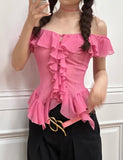 GORUNRUN-Ins Style Street Fashion Off-Shoulder Ruffle Trim Chiffon Halter Neck Tie Short Sleeve Spring Blouse