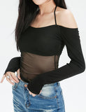 GORUNRUN-Ins Style Street Fashion Mesh Patchwork Off Shoulder Halter T Shirt