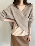 GORUNRUN-Ins Style Street Fashion Solid Color Cross V Neck Loose Sweater