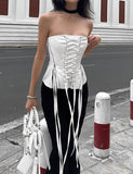 GORUNRUN-Ins Style Street Fashion Lace Up Tape Zipper Strapless Corset Camisole