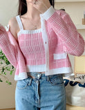 GORUNRUN-Ins Style Street Fashion Pink Check Knit Cropped Slip Coat