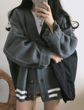 GORUNRUN-Ins Style Street Fashion Preppy Loose V Neck Thick Oversize Button Sweater Cardigan