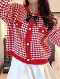 GORUNRUN-Ins Style Street Fashion Houndstooth Bow Knit Cardigan