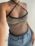 GORUNRUN-Ins Style Street Fashion Knot Shoulder Colorblock Crochet Camisole