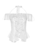 GORUNRUN-Ins Style Street Fashion Off-Shoulder Ruffle Trim Chiffon Halter Neck Tie Short Sleeve Spring Blouse