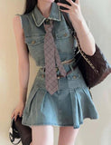 GORUNRUN-Ins Style Street Fashion Denim Vest High Waist A-Line Skirt Two-Piece Set