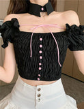 GORUNRUN-Ins Style Street Fashion Off Shoulder Ruched Bowknot Crop Top with Bow Tie