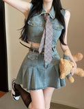 GORUNRUN-Ins Style Street Fashion Denim Vest High Waist A-Line Skirt Two-Piece Set