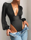 GORUNRUN-Ins Style Street Fashion Long Sleeve Deep V Waist Pleated Bodysuit