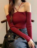 GORUNRUN-Ins Style Street Fashion One Shoulder Slim Fit   Halter Neck Casual Sweater