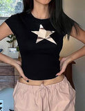 GORUNRUN-Ins Style Street Fashion Mirror Star Print Slim Fit Short Short Sleeve Top with Navel