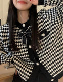 GORUNRUN-Ins Style Street Fashion Houndstooth Bow Knit Cardigan