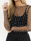 GORUNRUN-Ins Style Street Fashion Pearl Decor See-through Top For