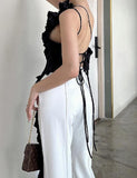 GORUNRUN-Ins Style Street Fashion One Shoulder Ruffle Fringe Backless Irregular Tank Top