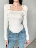 GORUNRUN-Ins Style Street Fashion Metal Button Decor Square Neck Knit Top