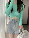 GORUNRUN-Ins Style Street Fashion Candy Colors Cross Knot Long Sleeve T-Shirt Knit