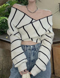 GORUNRUN-Ins Style Street Fashion Contrast Color Striped Cross Knit Top