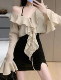 GORUNRUN-Ins Style Street Fashion Ruffled Cardigan & Halter Neck Wrap Hip Skirt Co Ord Sets