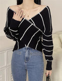 GORUNRUN-Ins Style Street Fashion Contrast Color Striped Cross Knit Top