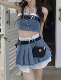 GORUNRUN-Ins Style Street Fashion Short Strapless Pleated Skirt Denim   Suit