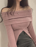 GORUNRUN-Ins Style Street Fashion Solid Color Off Shoulder Ribbed Knit Top