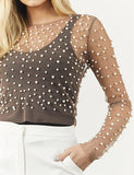 GORUNRUN-Ins Style Street Fashion Pearl Decor See-through Top For