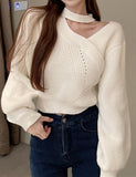 GORUNRUN-Ins Style Street Fashion Lantern Sleeve Halter Neck Loose Knit Ladies Sweater