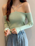 GORUNRUN-Ins Style Street Fashion One Shoulder Slim Fit   Halter Neck Casual Sweater