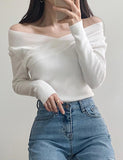 GORUNRUN-Ins Style Street Fashion Knitted Off-shoulder Slim V-neck One-shoulder Sweater