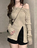 GORUNRUN-Ins Style Street Fashion Off Shoulder Split Hem Long Sleeve Khaki Top For