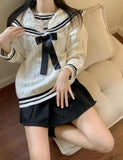 GORUNRUN-Ins Style Street Fashion Preppy Bow Loose Navy Neck Sweater