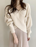 GORUNRUN-Ins Style Street Fashion Solid Color Cross V Neck Loose Sweater