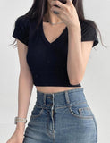 GORUNRUN-Ins Style Street Fashion Solid Color V Neck Casual Crop Top