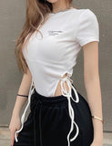 GORUNRUN-Ins Style Street Fashion Drawstring Cropped Monogram Print Bodysuit