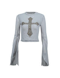 GORUNRUN-Ins Style Street Fashion Hot Nailed Cross Mesh Lying Trumpet Sleeve Cropped Top Semi-Sheer Long Sleeves