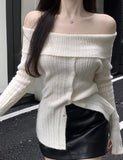 GORUNRUN-Ins Style Street Fashion One Shoulder Long White Knit Sweater For