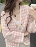 GORUNRUN-Ins Style Street Fashion Check Button Knit Plaid Cardigan Gentle   Tops