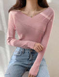 GORUNRUN-Ins Style Street Fashion Knitted Off-shoulder Slim V-neck One-shoulder Sweater