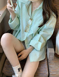 GORUNRUN-Ins Style Street Fashion Mint Stripe Print Loose Blouse