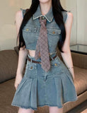 GORUNRUN-Ins Style Street Fashion Denim Vest High Waist A-Line Skirt Two-Piece Set