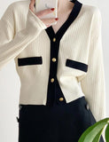 GORUNRUN-Ins Style Street Fashion Colorblock V Neck Knit Cardigan